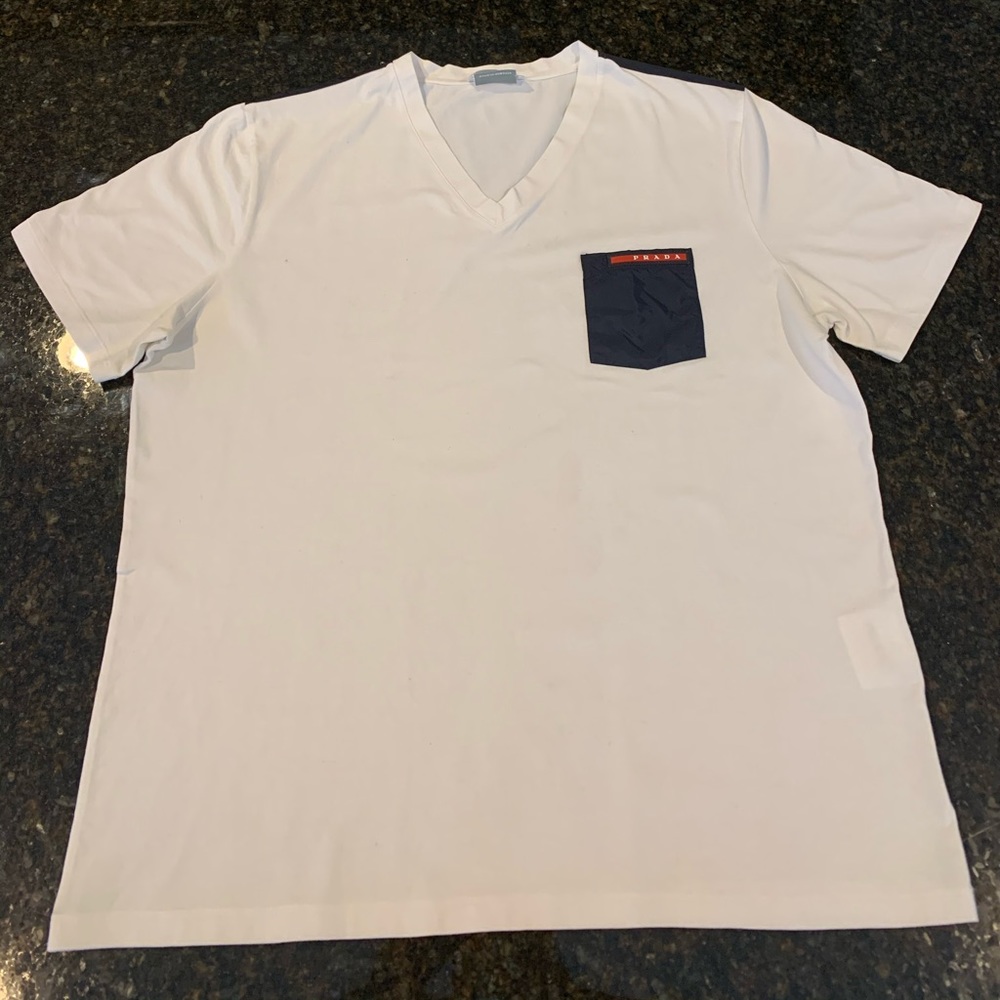 Men’s White Prada V Neck Tee